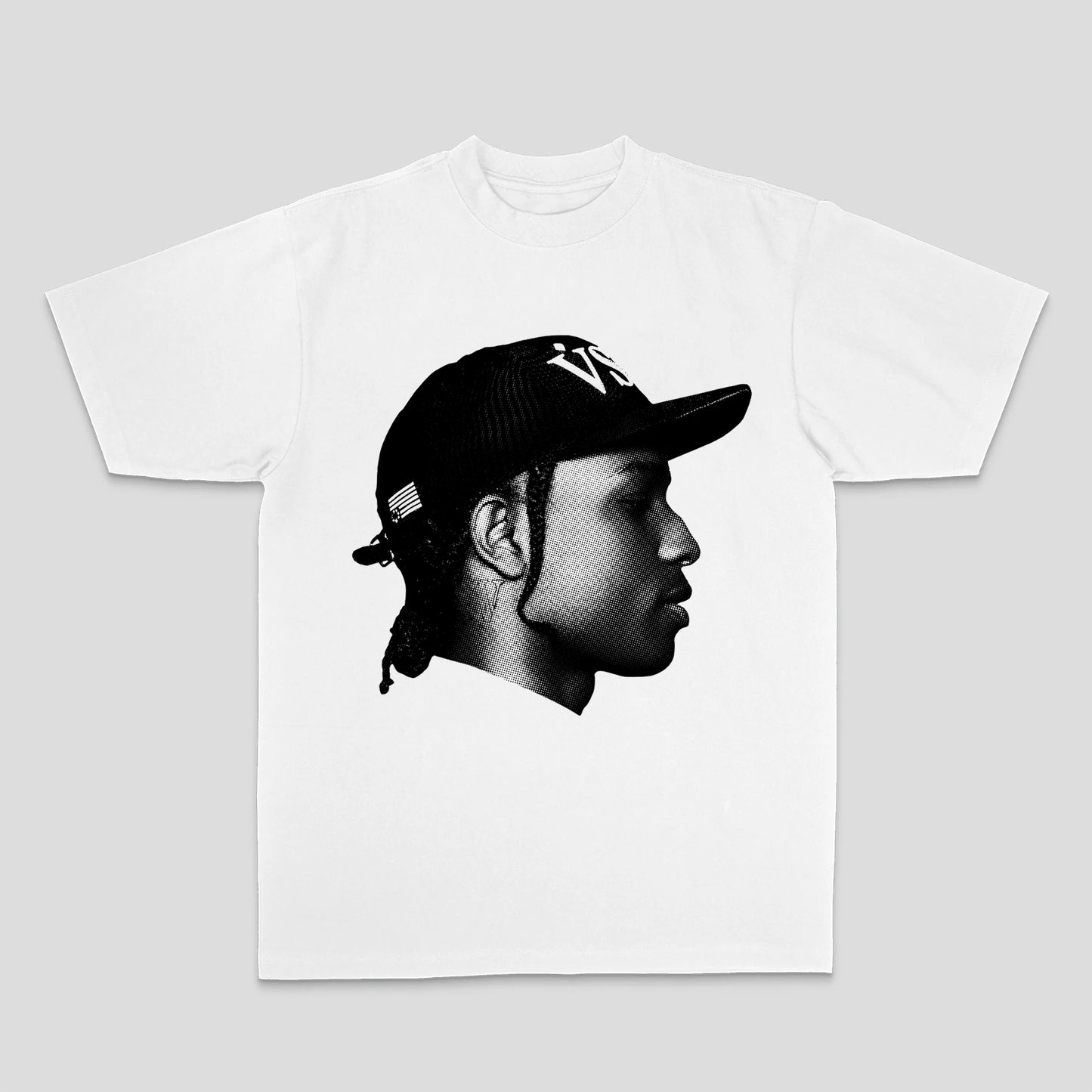 White t-shirt with a graphic of a person wearing a cap on a gray background