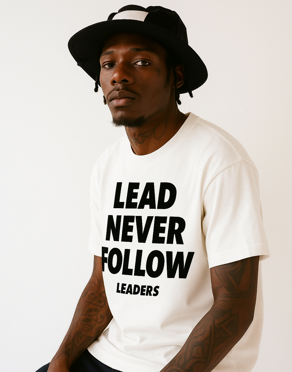 Person wearing a white t-shirt with 'LEAD NEVER FOLLOW LEADERS' text on a plain background